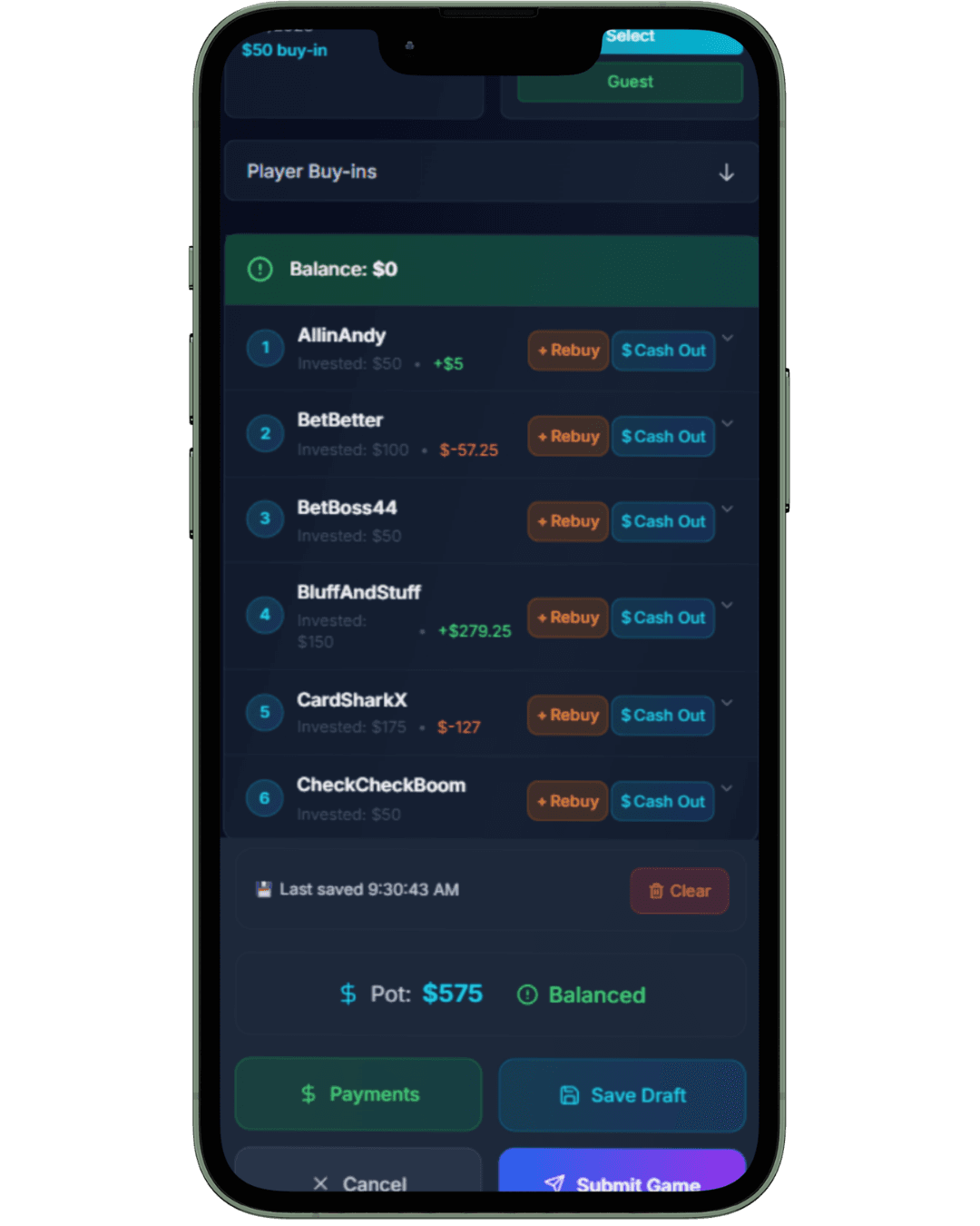 Track The Stack cash game tracking screen