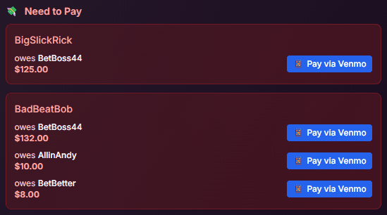 Track The Stack settlement screen showing who needs to pay after poker night